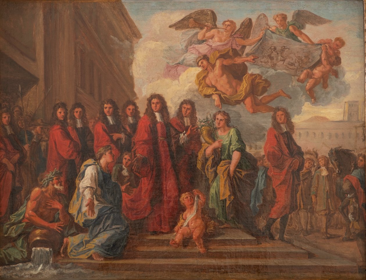 Die Schöffen von Paris verlassen das Hôtel de Ville nach Notre Dame, um nach dem Sieg von Seneffe im Jahr 1674 zu danken, ca. 1681 (Öl auf Leinwand) von Noël Coypel
