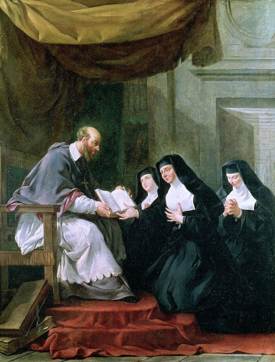 St. Franz von Sales (1567-1622) gibt die Regel der Visitation an St. Jeanne de Chantal (1572-1641) von Noel Halle