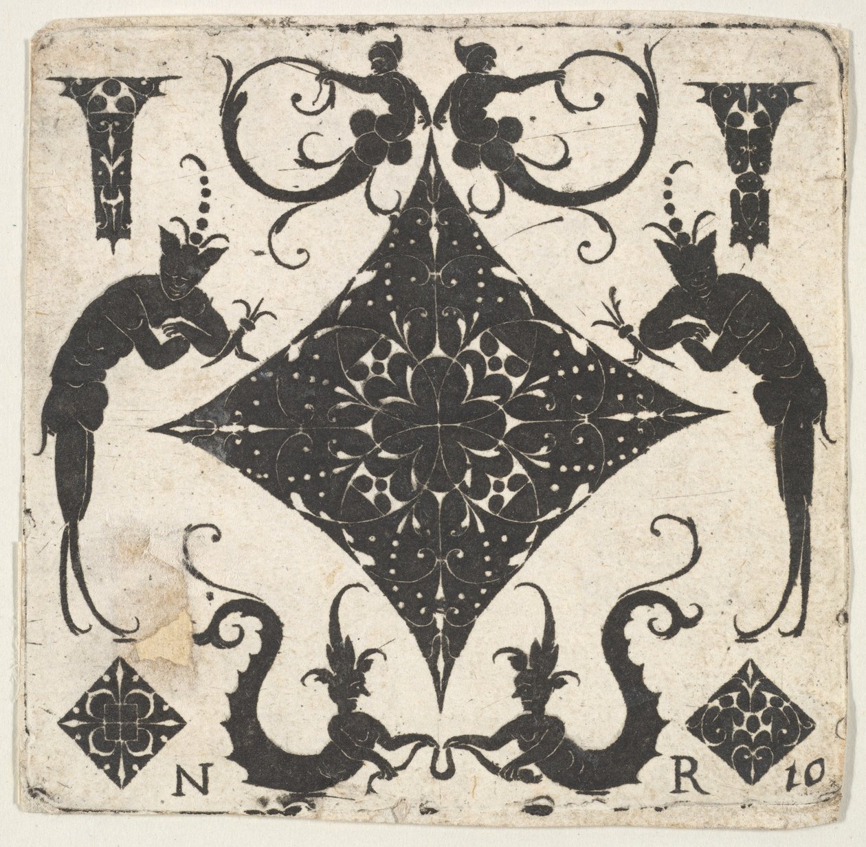 Konkaves rautenförmiges Paneel und groteske Figuren, ca. 1620-30 von Noel Rouillard