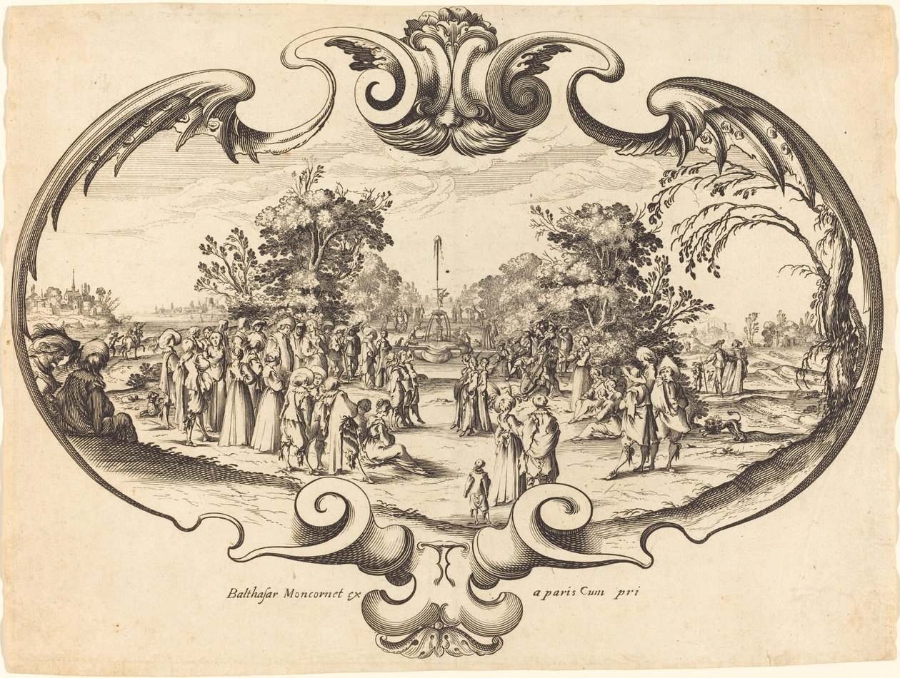 Entwurf für einen Fächer: Höfische Figuren in einer Landschaft von Noël Cochin