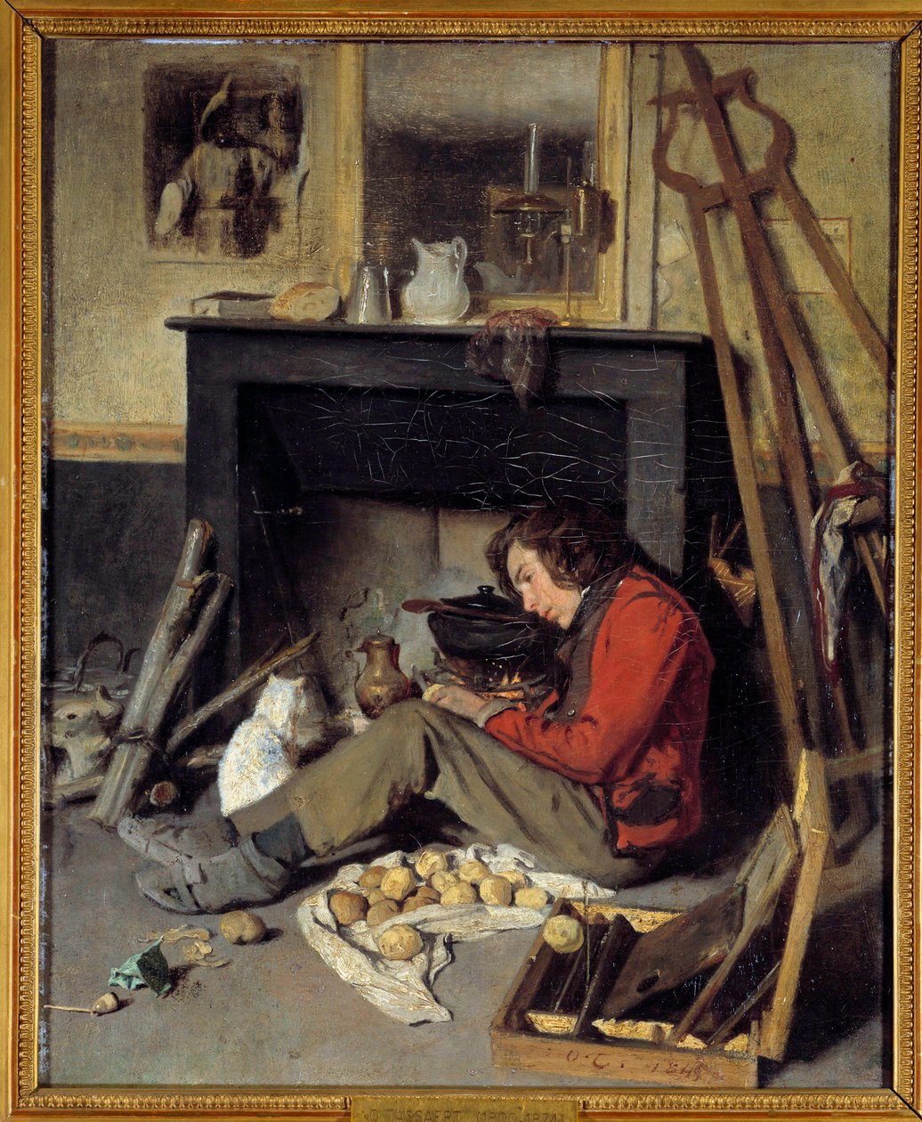 Atelierinterieur Ein Maler in der Nähe seines Kamins. Gemälde von Octave Tassaert (1800-1874) 1845 von Octave Tassaert