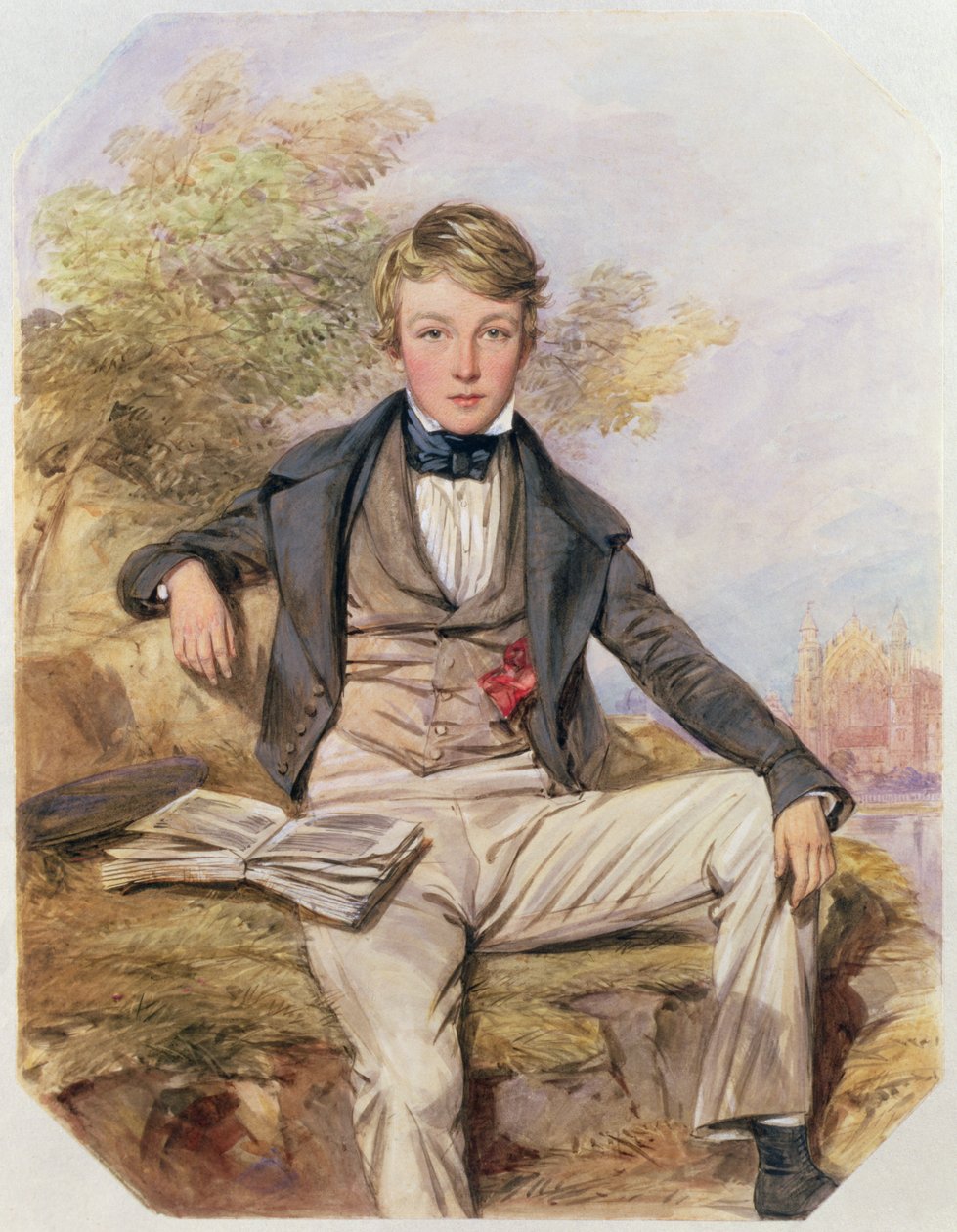 Porträt von Benjamin Gibbons sitzend, mit Blick auf das Eton College, ca. 1838 von Octavius Oakley