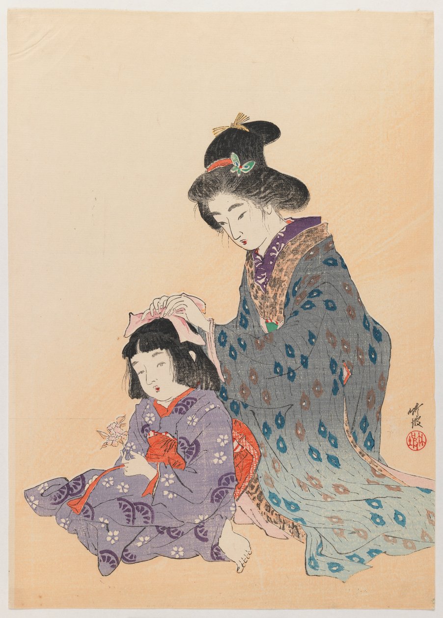 Frau richtet Mädchen die Haare, 1900 von Odake Chikuha