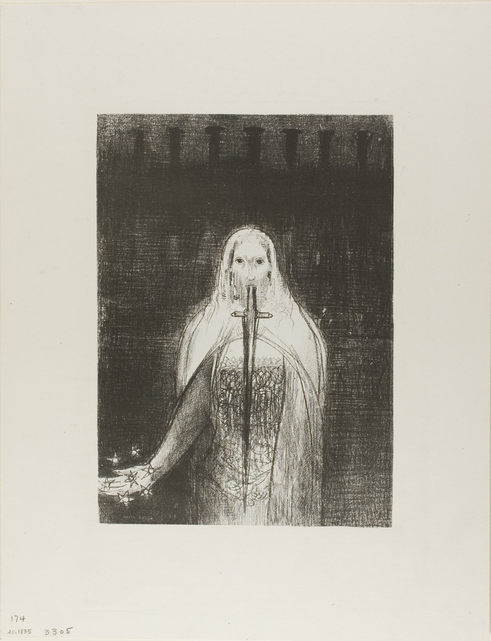 Und er hatte in seiner rechten Hand sieben Sterne; und aus seinem Mund ging ein scharfes, zweischneidiges Schwert, Platte 1 von 12 von Odilon Redon