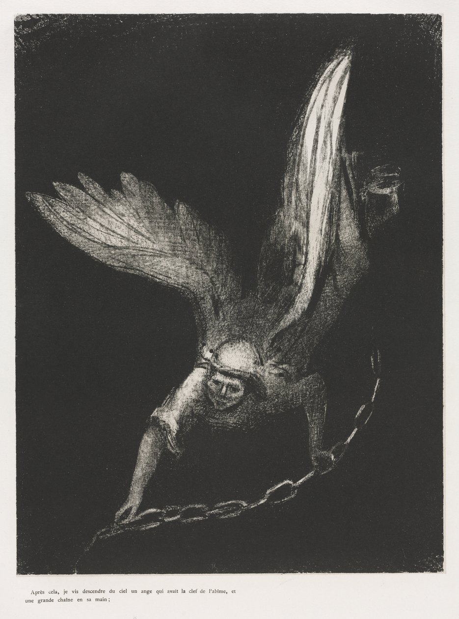 Und ich sah einen Engel vom Himmel herabkommen, der den Schlüssel zum Abgrund und eine große Kette in seiner Hand hatte von Odilon Redon