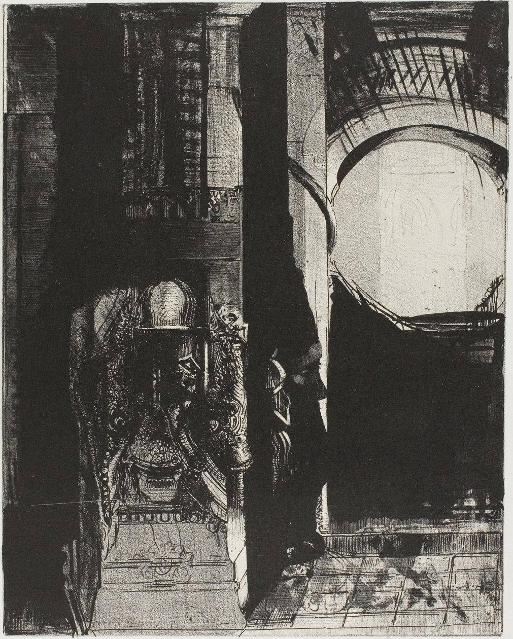 Und auf jeder Seite sind Basaltsäulen,...das Licht fällt von der gewölbten Decke, Platte 3 von 24 von Odilon Redon