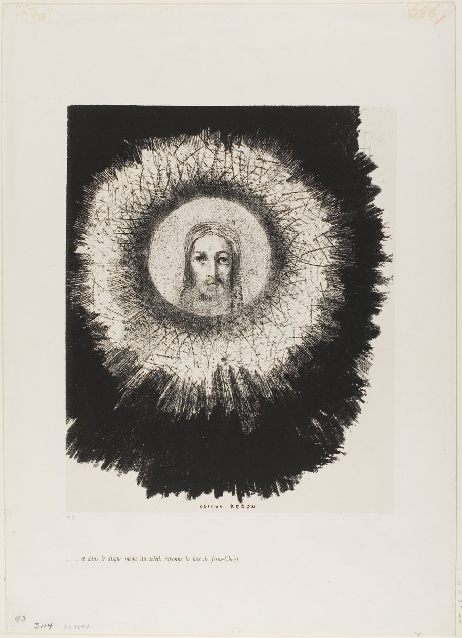 Und im sehr Diskus der Sonne leuchtet das Gesicht Jesu Christi, Platte 10 aus der Versuchung des Heiligen Antonius (1. Serie) von Odilon Redon