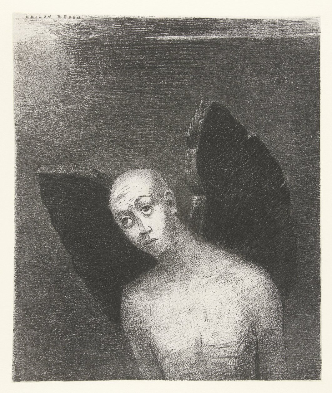 Der gefallene Engel schlägt seine schwarzen Flügel aus von Odilon Redon