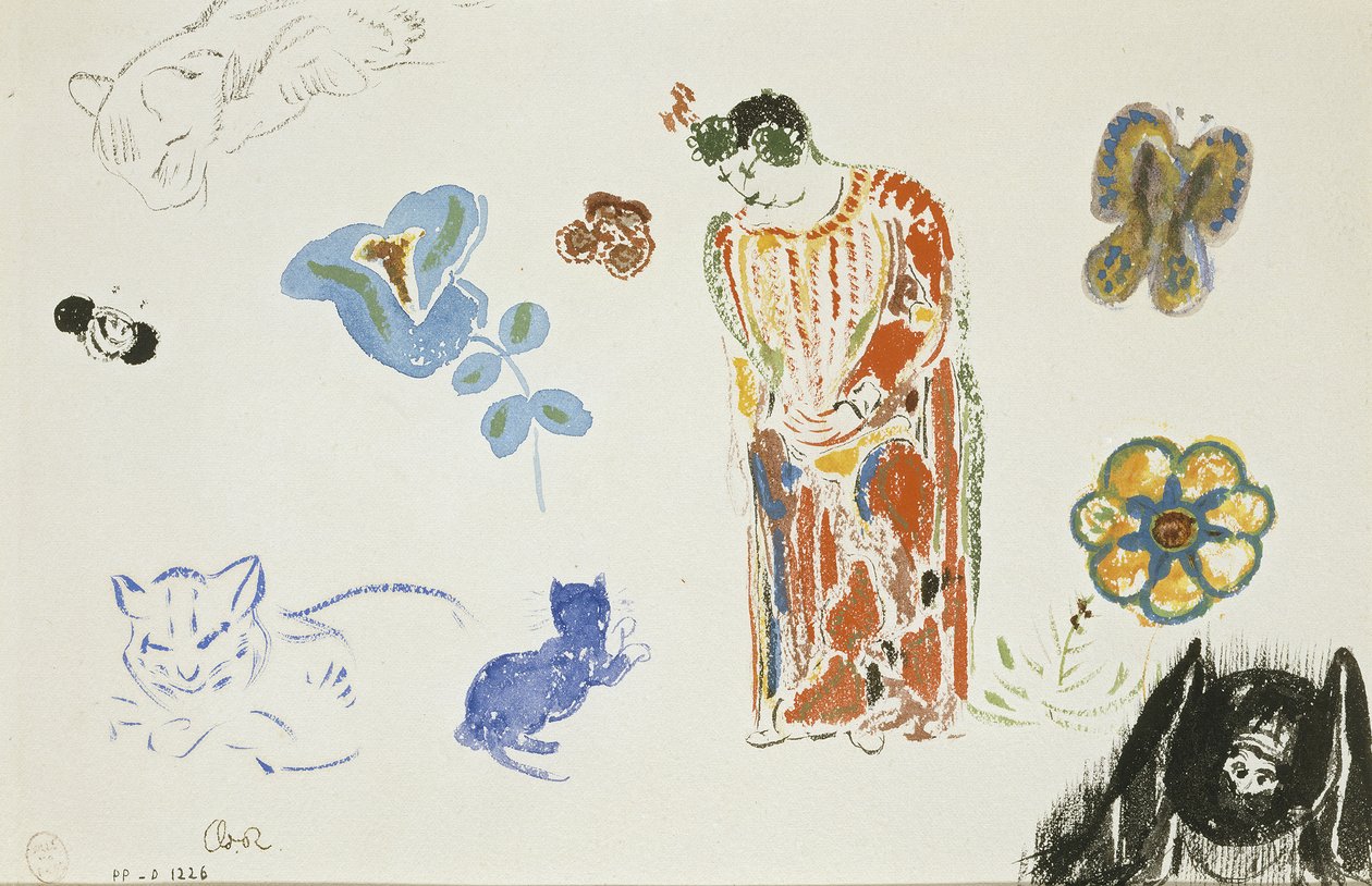 Studienblatt: Frau, Blumen und Tiere von Odilon Redon