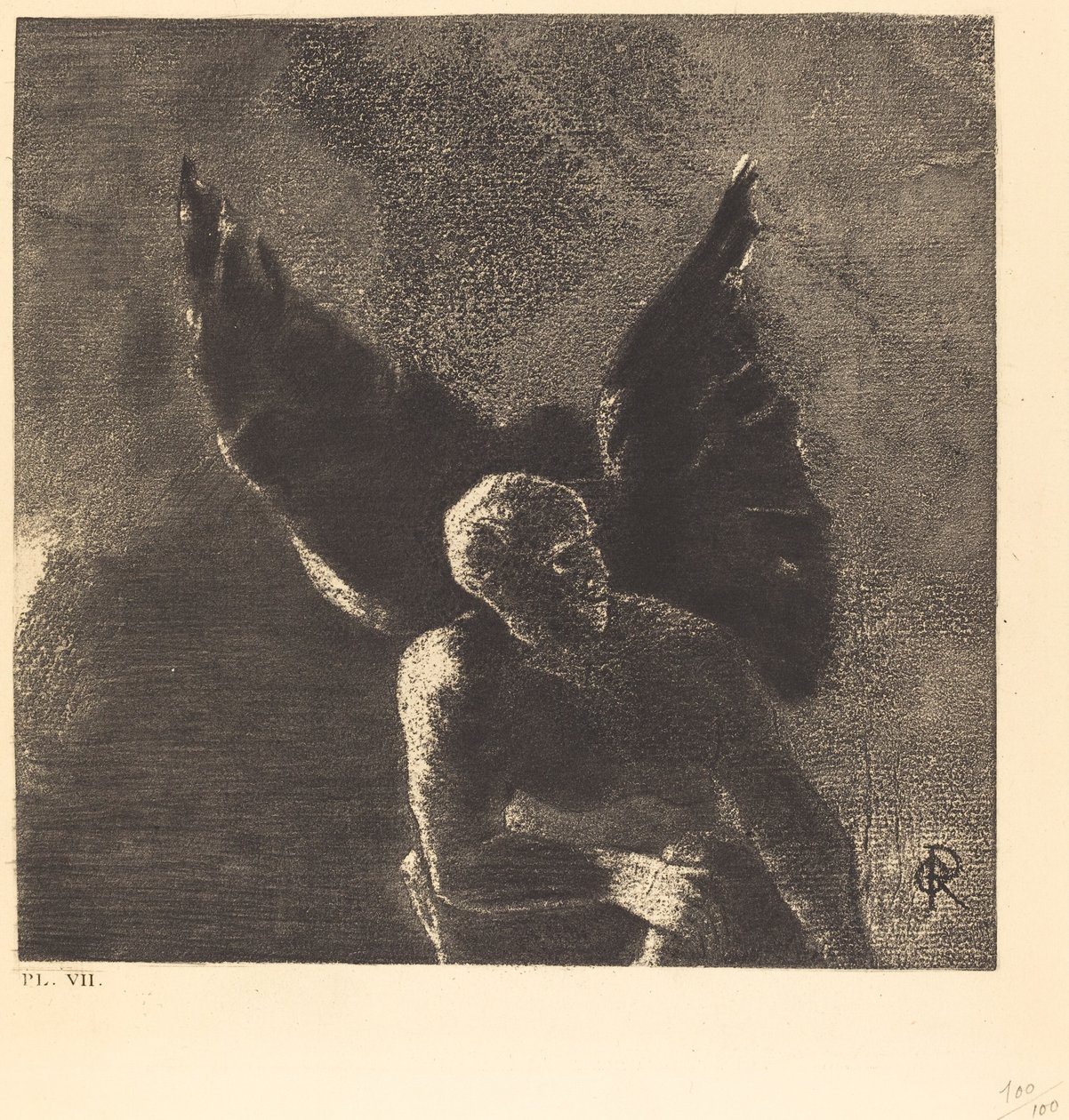 Ehre und Lob sei dir, Satan, in den Höhen des Himmels, wo du regiert hast, und in den Tiefen der Hölle, wo du besiegt, schweigend träumst! von Odilon Redon