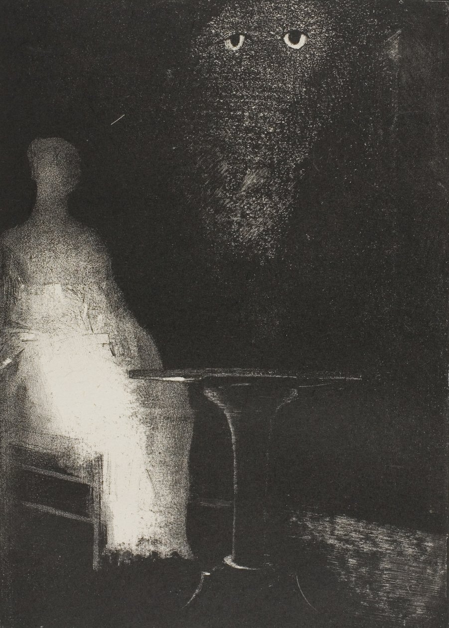 Ich starrte weiter auf den Stuhl und bildete mir ein, darauf eine blassblaue neblige Umrisslinie einer menschlichen Figur zu sehen, Platte 1 von 6 von Odilon Redon