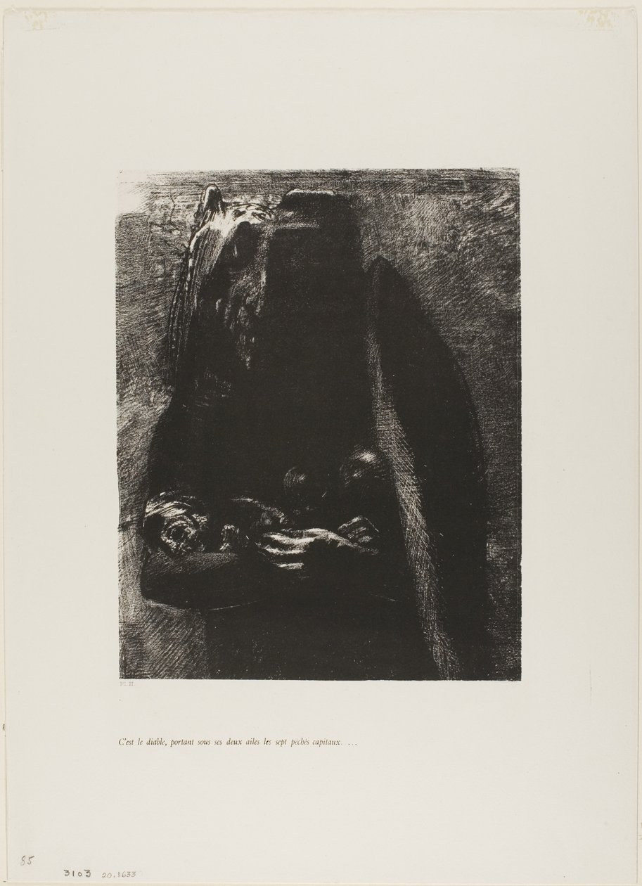 Es ist der Teufel, der unter seinen zwei Flügeln die sieben Todsünden trägt, Platte 2 aus Die Versuchung des Heiligen Antonius (1. Serie) von Odilon Redon