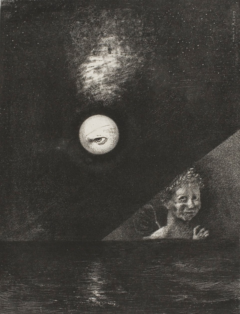 Am Horizont der Engel der Gewissheit, und im düsteren Himmel ein fragendes Auge, Platte vier aus An Edgar Poe von Odilon Redon