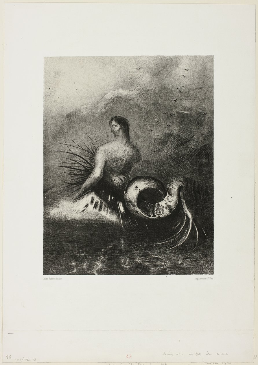 Sirene, die aus den Wellen kommt, in Flammen gekleidet, Platte 4 von 8 aus "Les Origines" von Odilon Redon