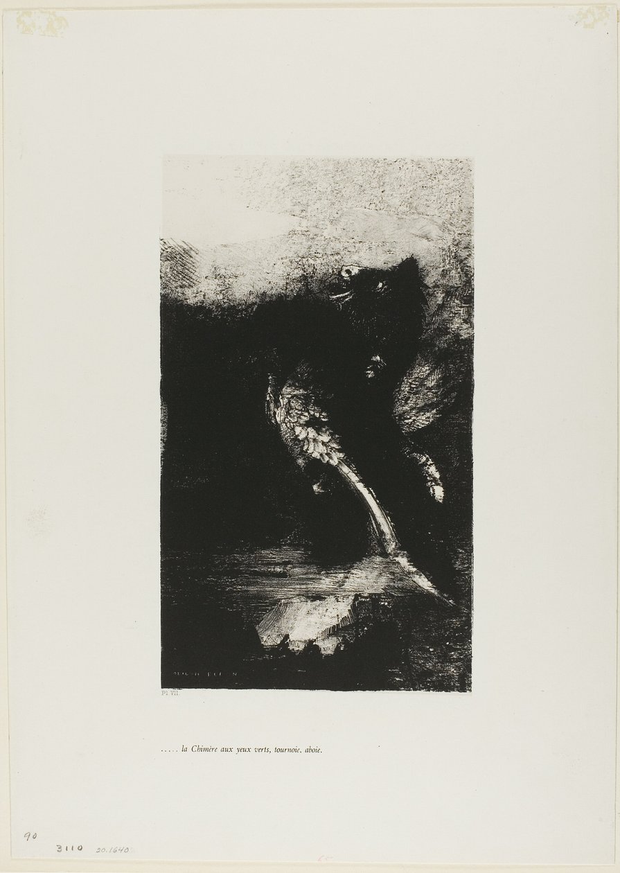 Die Chimäre mit grünen Augen dreht sich um, bellt, Platte 7 aus Die Versuchung des heiligen Antonius (1. Serie) von Odilon Redon