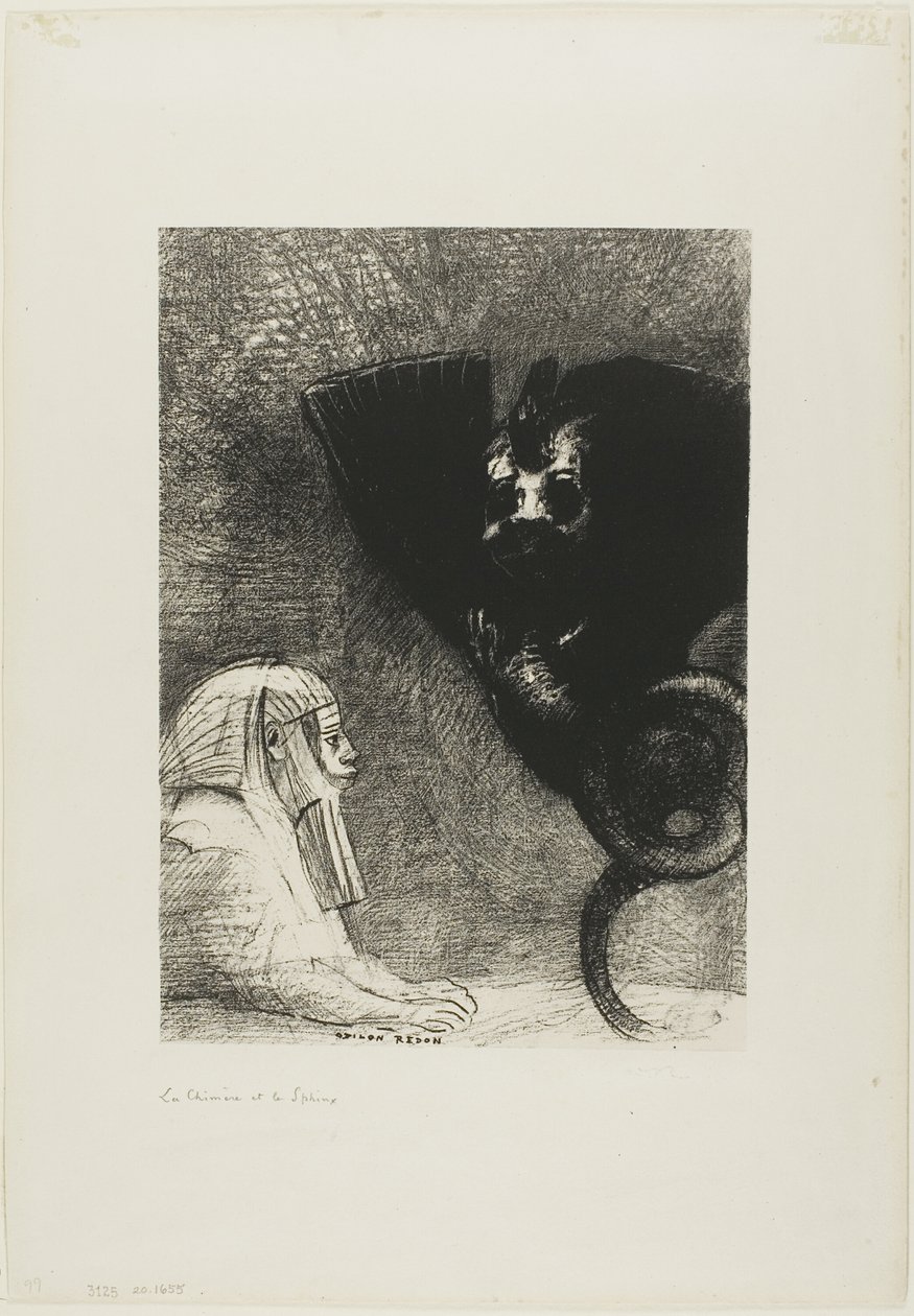 Die Sphinx: "...mein Blick, den nichts ablenken kann, bleibt durch die Objekte hindurch auf einen unerreichbaren Horizont gerichtet." Die Chimäre: "Was mich betrifft, ich bin leicht und fröhlich," Platte 5 aus An Gustave Flaubert von Odilon Redon