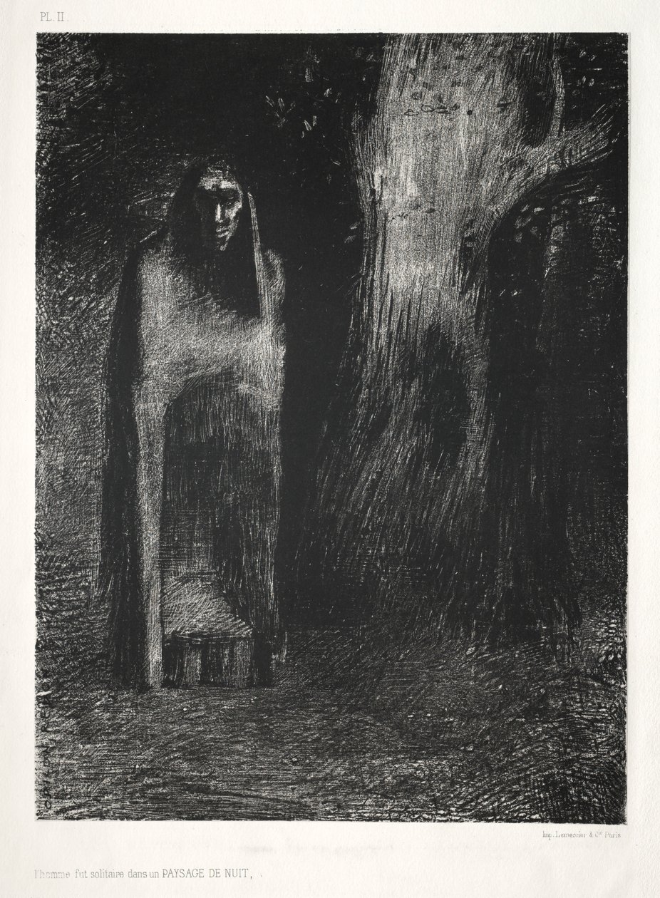 Die Nacht: Der Mann war allein in einer Nachtlandschaft (1886) von Odilon Redon Lemercier and Cie.