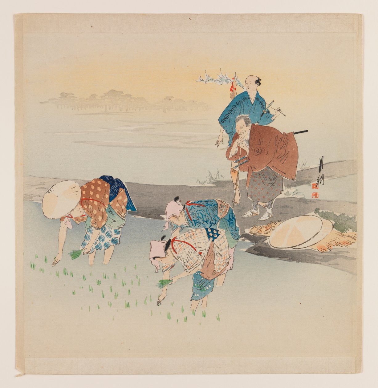 Mann und Frau pflanzen Reis, ca. 1890-1910 von Ogata Gekko