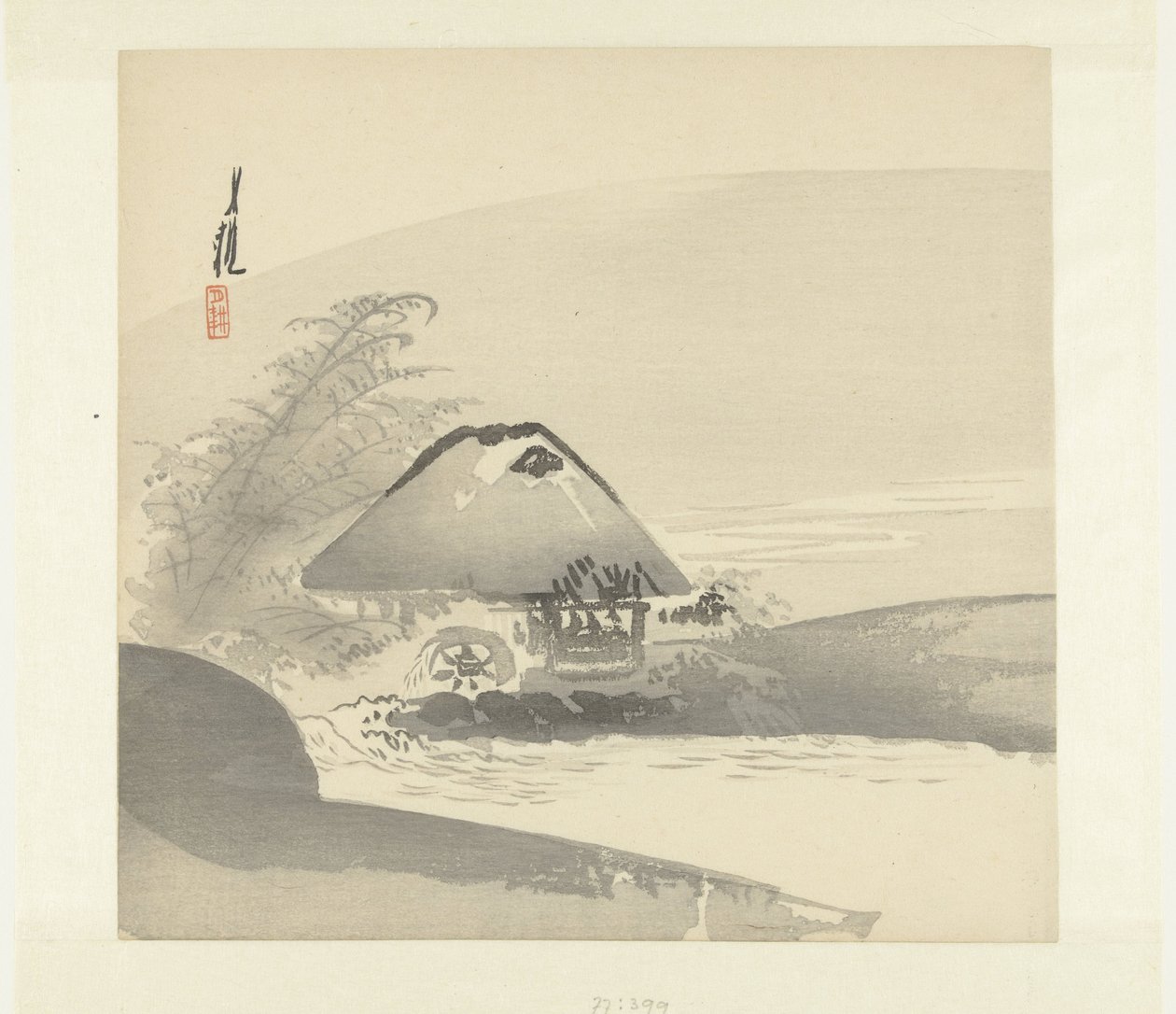 Flusslandschaft mit Haus und Wasserrad von Ogata Gekko