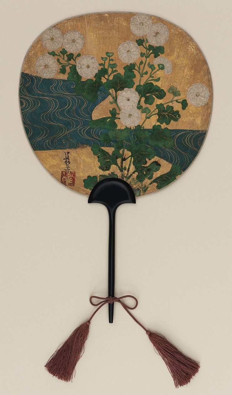 Fächer; auf der einen Seite Narihira und der Pilger; auf der anderen Chrysanthemen und ein Bach, Edo-Periode, spätes 17. - frühes 18. Jahrhundert von Ogata Korin