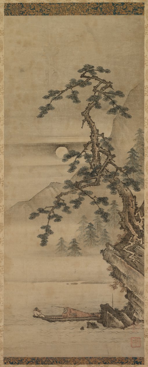 Mondscheinlandschaft mit Kiefer und altem Mann im Boot, Muromachi-Periode, 1392-1573 von Oguri Sotan