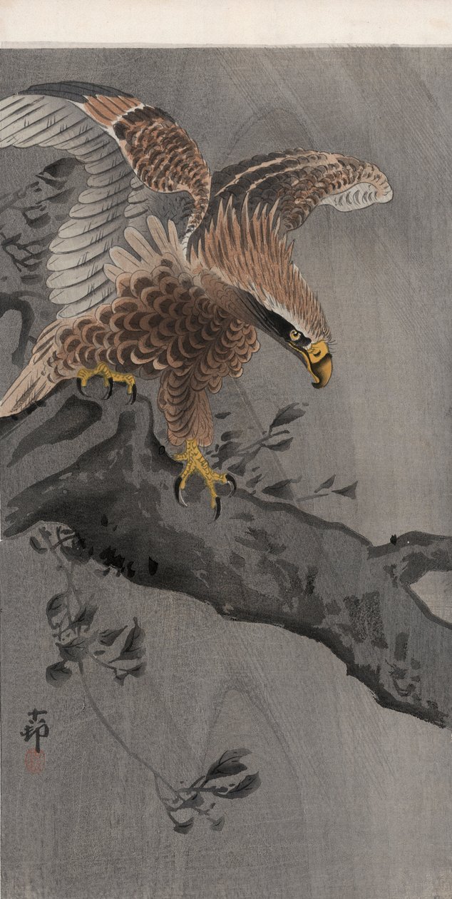 Adler mit ausgebreiteten Flügeln auf Baumstamm von Ohara Koson
