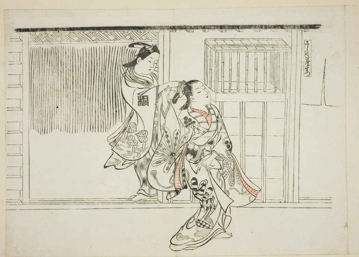 Kamm Rashomon (Sashigushi Rashomon), Nr. 3 aus einer Serie von 12 Drucken, die Parodien von Theaterstücken darstellen von Okumura Masanobu