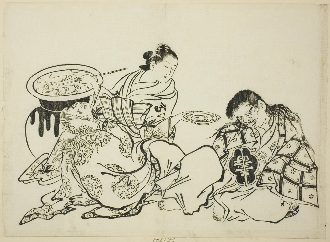 Kurtisane, die Shojo mit Sake versorgt, Nr. 4 aus einer Serie von 12 Drucken von Okumura Masanobu