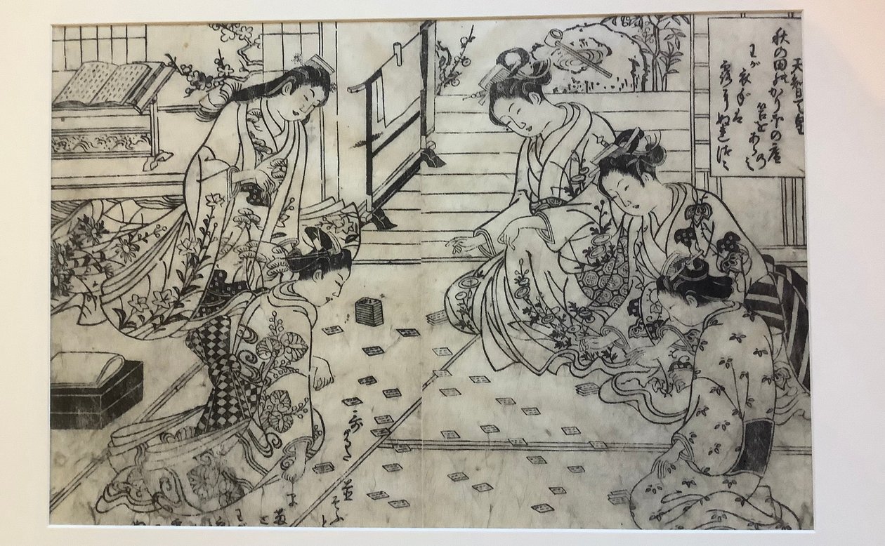 Parodie auf Hände: Frauen spielen das Kartenspiel von Einhundert Gedichten, ein Dichter pro Gedicht, doppelseitige Illustration aus Einhundert Gedichten, ein Dichter pro Gedicht von Okumura Masanobu