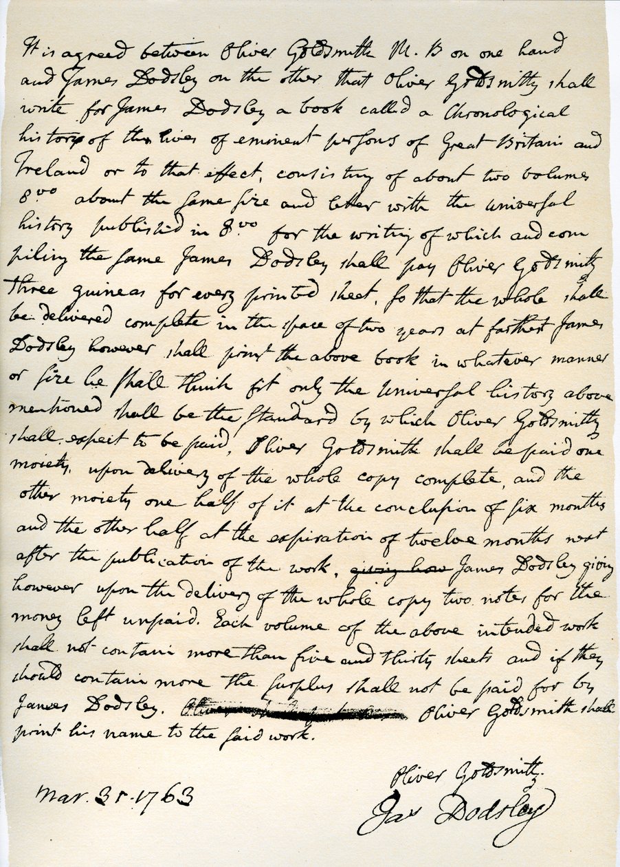 Vereinbarung von Oliver Goldsmith, für James Dodsley zu schreiben von Oliver Goldsmith