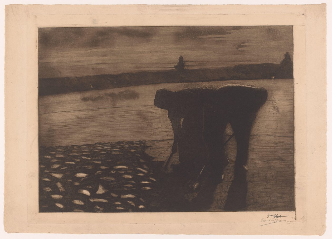 Mann und Frau arbeiten abends am Flussbett von Omer Coppens (signed by artist)