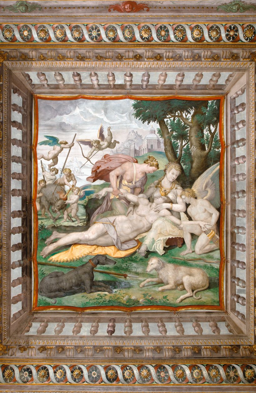 Tod des Adonis von der Decke des Adonis-Raums, Rocca dei Rossi, San Secondo, Parma, Italien (Detail) von Orazio (attr.to) Samacchini