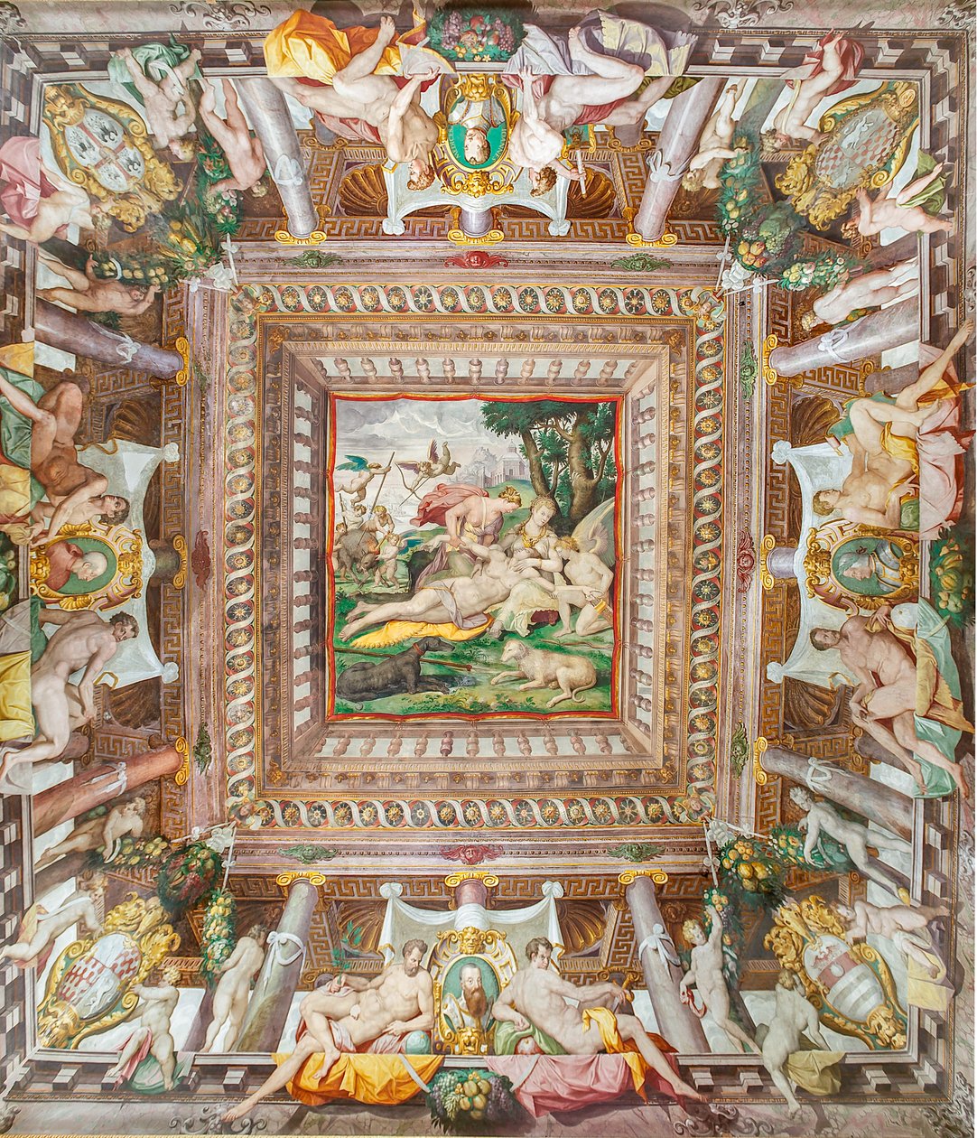 Ansicht der Decke des Zimmers von Adonis und der Gedenksteine der Familienmitglieder Rossi, Gonzaga, Riario und Medici, Rocca dei Rossi, San Secondo, Parma, Italien von Orazio (attr.to) Samacchini