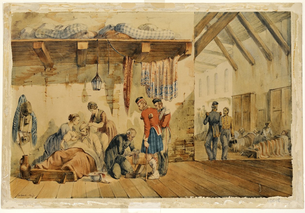 [Barrack] Krankenhaus Scutari, Szene mit Krankenschwestern und Soldaten des Highland Regiments, 1854-56 von Orlando Norie