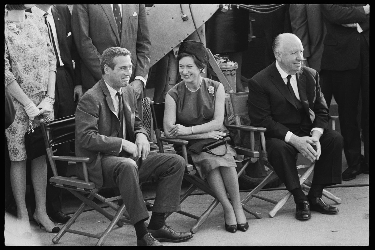 Paul Newman, Prinzessin Margaret und Alfred Hitchcock am Set von 