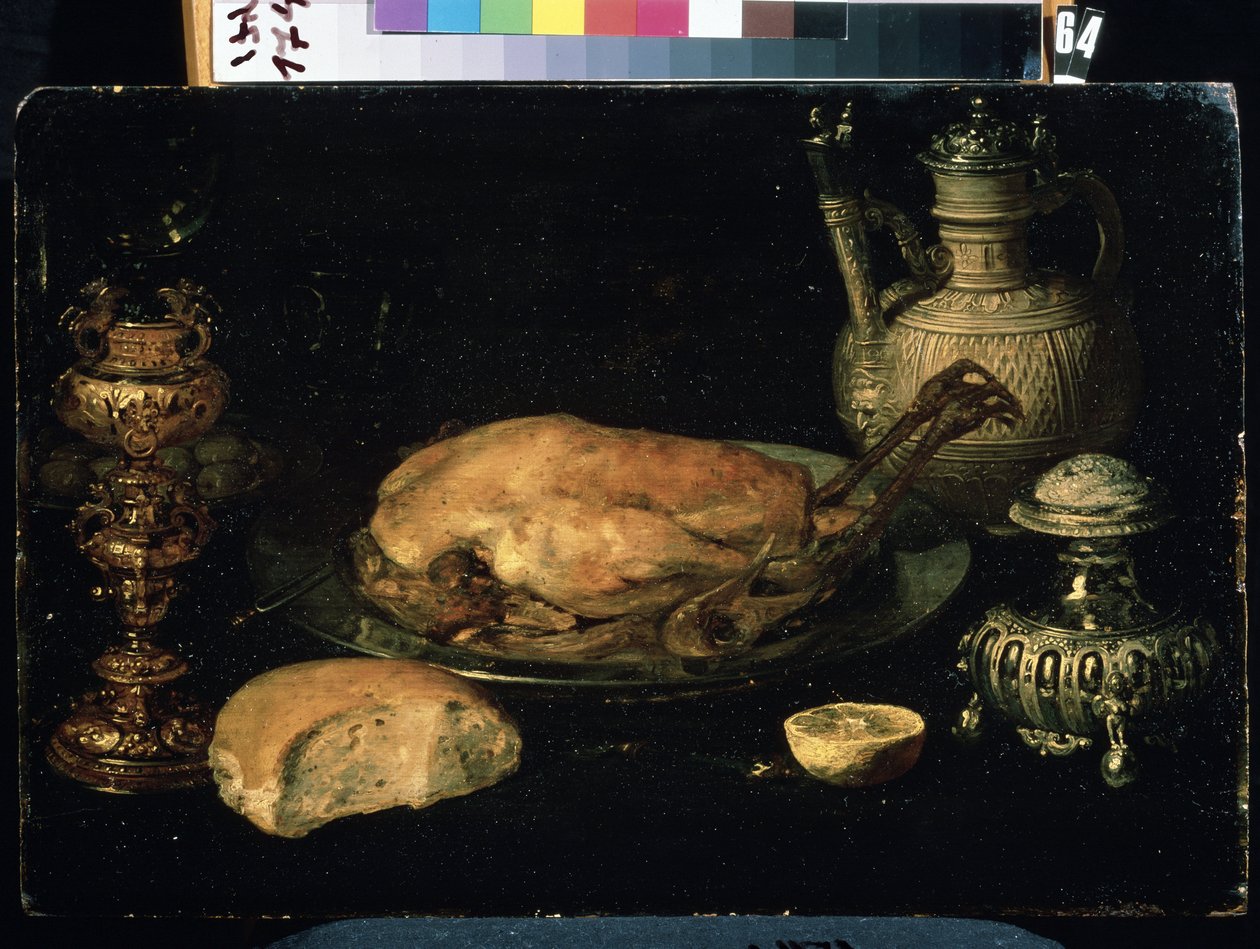Stillleben mit Huhn, Zitrone, Brot, Silberwaren und Öllampe von Osias the Elder Beert