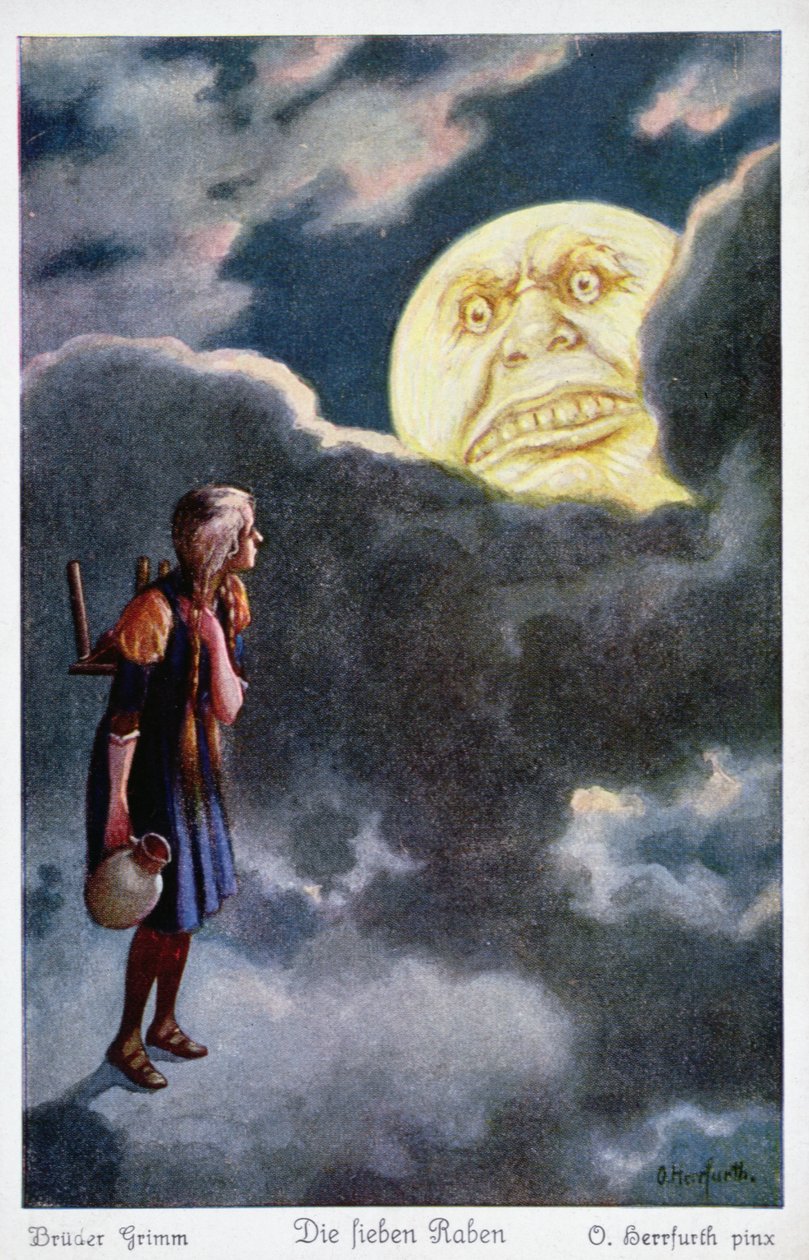 Der Mond droht, das Mädchen zu essen, das versucht, ihre Brüder zu retten, Illustration aus Die sieben Raben von den Brüdern Grimm von Oskar Herrfurth