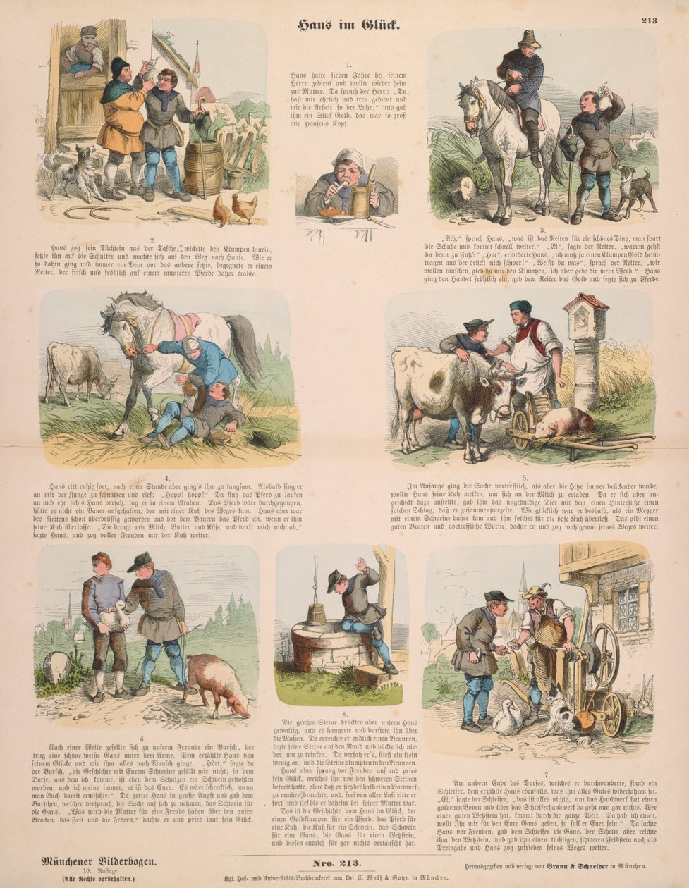 Hans im Glück (nach den Brüdern Grimm) Flugblatt veröffentlicht von Gustav Weise, Stuttgart, 1860 von Oskar Pletsch