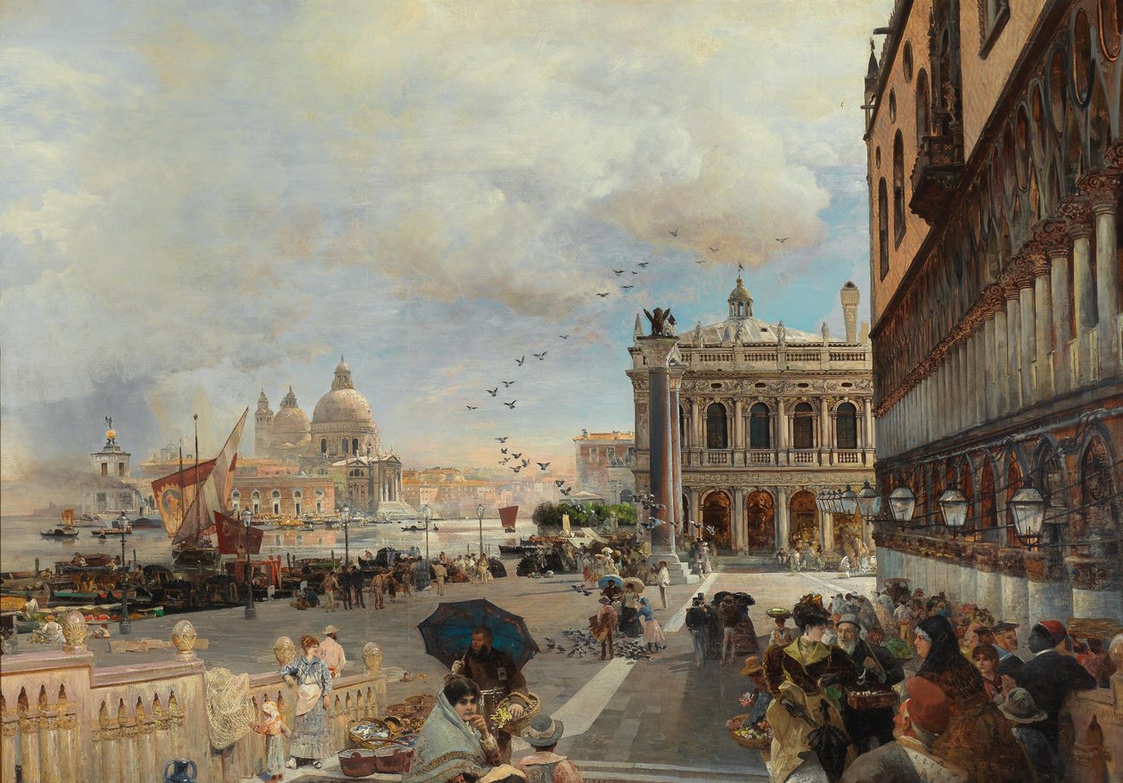 Venedig, Blick auf die Piazzetta mit der Biblioteca Marciana, Santa Maria della Salute und der Dogana von Oswald Achenbach