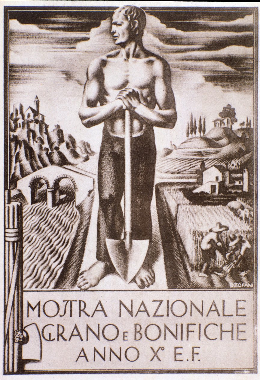 Faschistisches Propagandaplakat für Getreide- und Landverbesserungskampagne von Oswaldo (after) Tofani