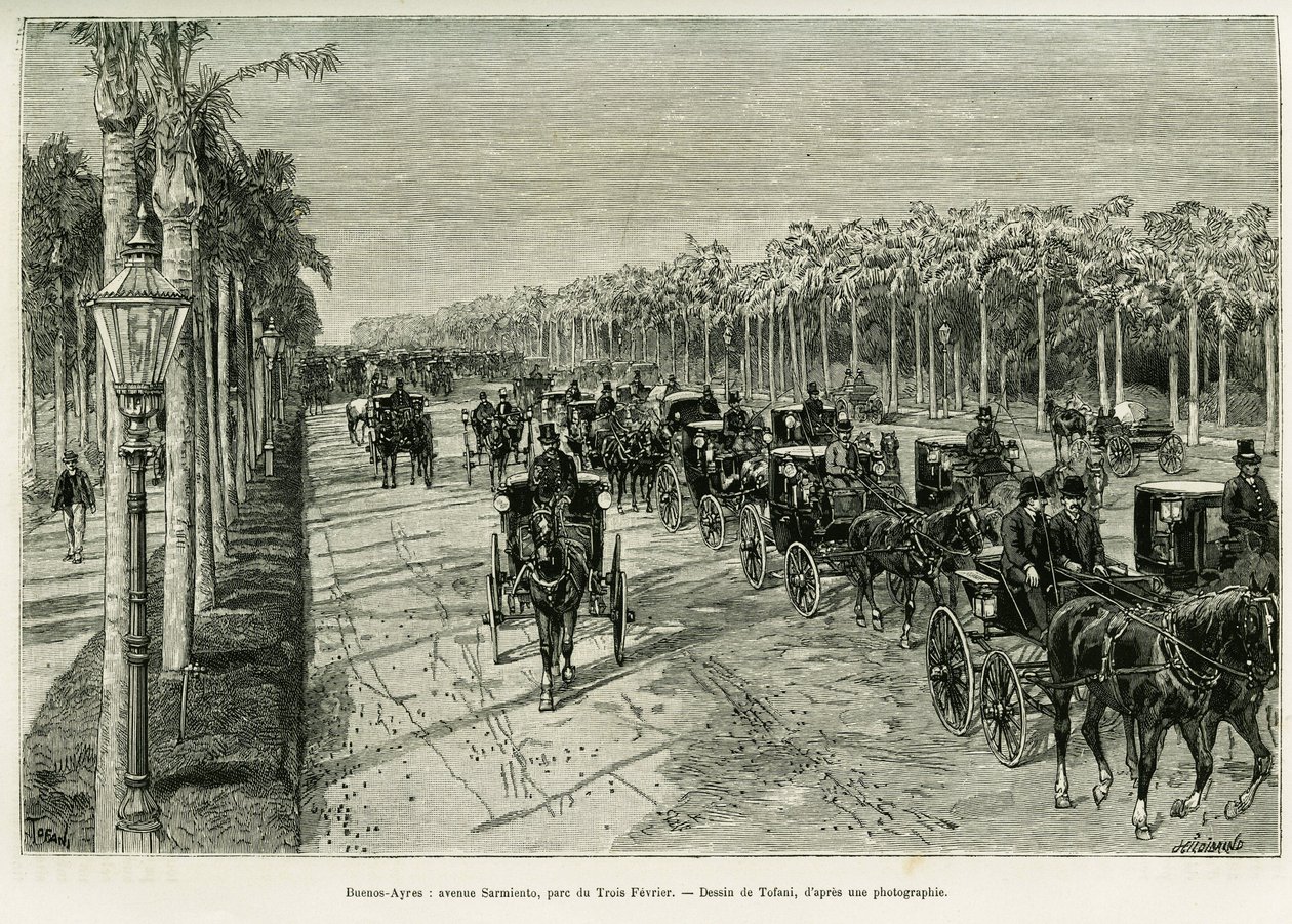 Buenos Aires, Sarmiento Avenue, Drei-Februar-Park. Gravur von Tofani zur Illustration der Geschichte Voyage à la Plata, 1886, von Emile Daireaux, in Le Tour du monde 1888, unter der Leitung von Edouard Charton (1807-1890), Hachette, Paris. von Oswaldo Tofani