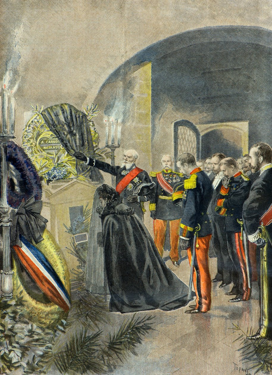 Nicolas II. legt einen Kranz auf das Grab von Sadi Carnot im Pantheon, Paris 1896 (Gravur) von Oswaldo Tofani