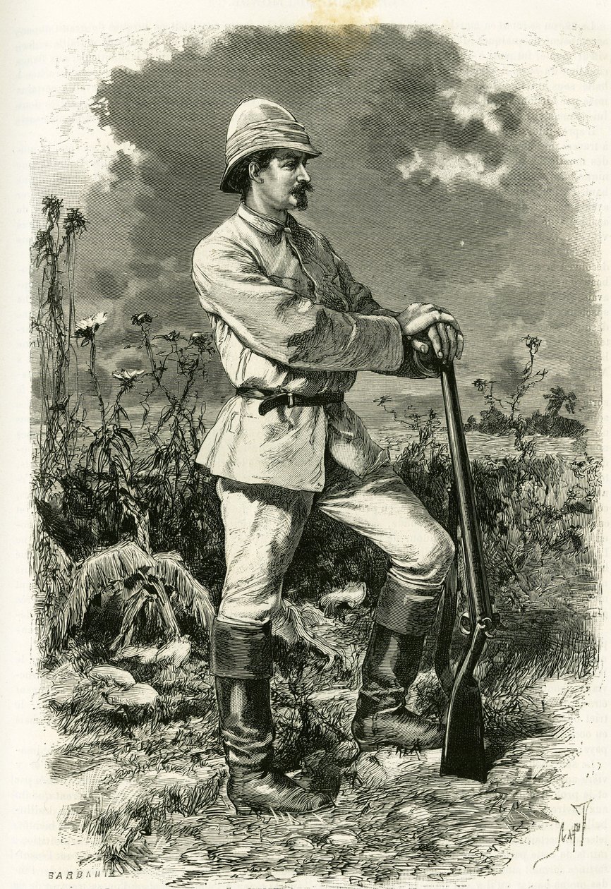 Porträt von Dr. Emile Holub in einem Expeditionsanzug, Gravur von Tofani zur Illustration der Geschichte „Au pays des Marutses“ in den Jahren 1875-1879 von Dr. Emile Holub (1847-1902). Veröffentlicht in der Tour du monde, 2. Semester 1883, herausgegeben vo von Oswaldo Tofani