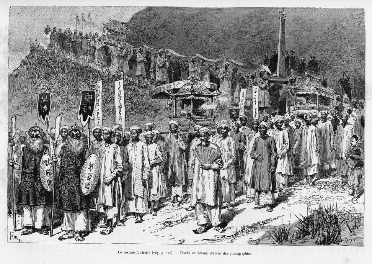 Der Trauerzug. Gravur von Tofani, zur Illustration der Geschichte „Trente mois au Tonkin“, 1884, von Dr. Paul Hocquard, in Le Tour du monde 1890, unter der Leitung von Edouard Charton (1807-1890). von Oswaldo Tofani