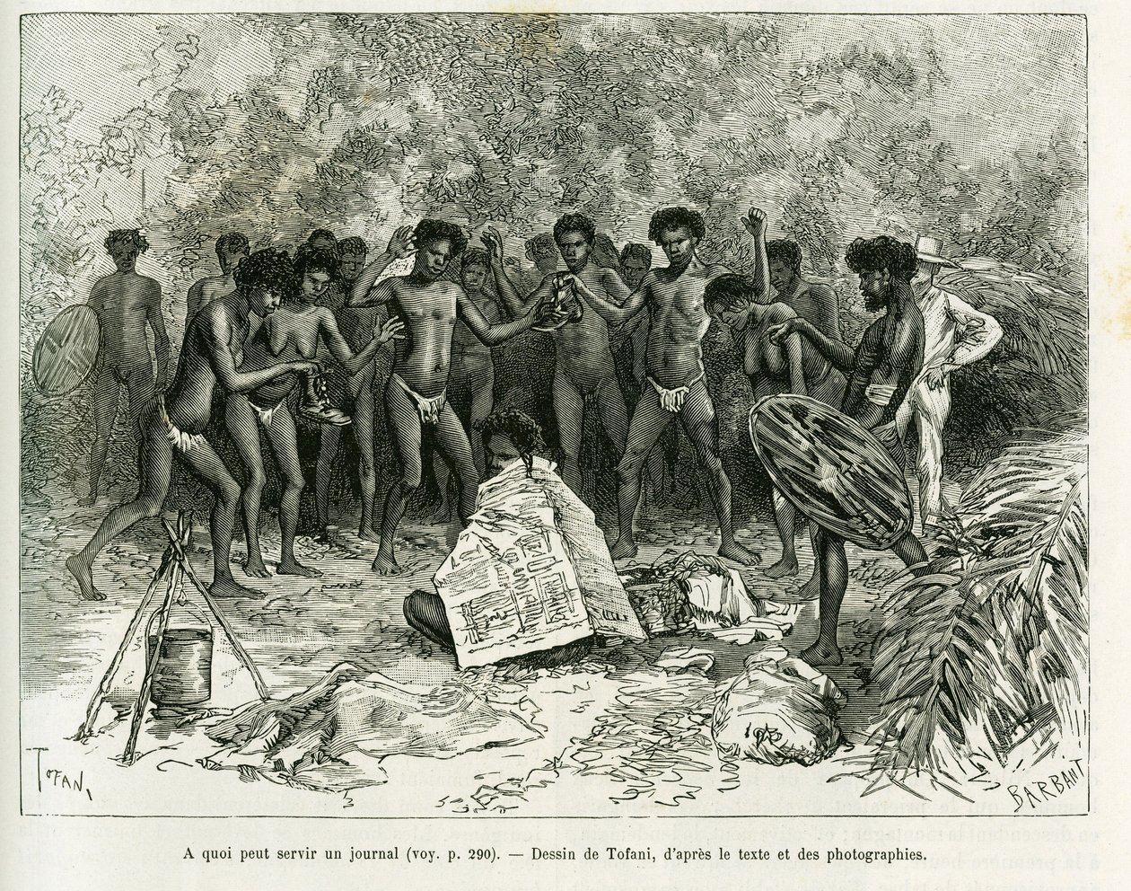 Wofür kann eine Zeitung verwendet werden? Gravur von Tofani zur Illustration der Geschichte Chez les cannibales, Voyage dans le nord-est de l