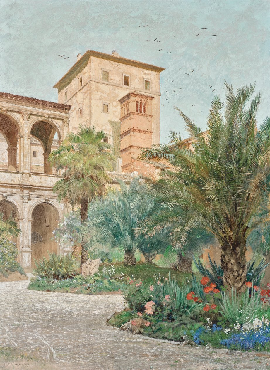 Vedute der Botschaft in Rom: Garten mit Blick auf Bogengänge von Othmar Brioschi