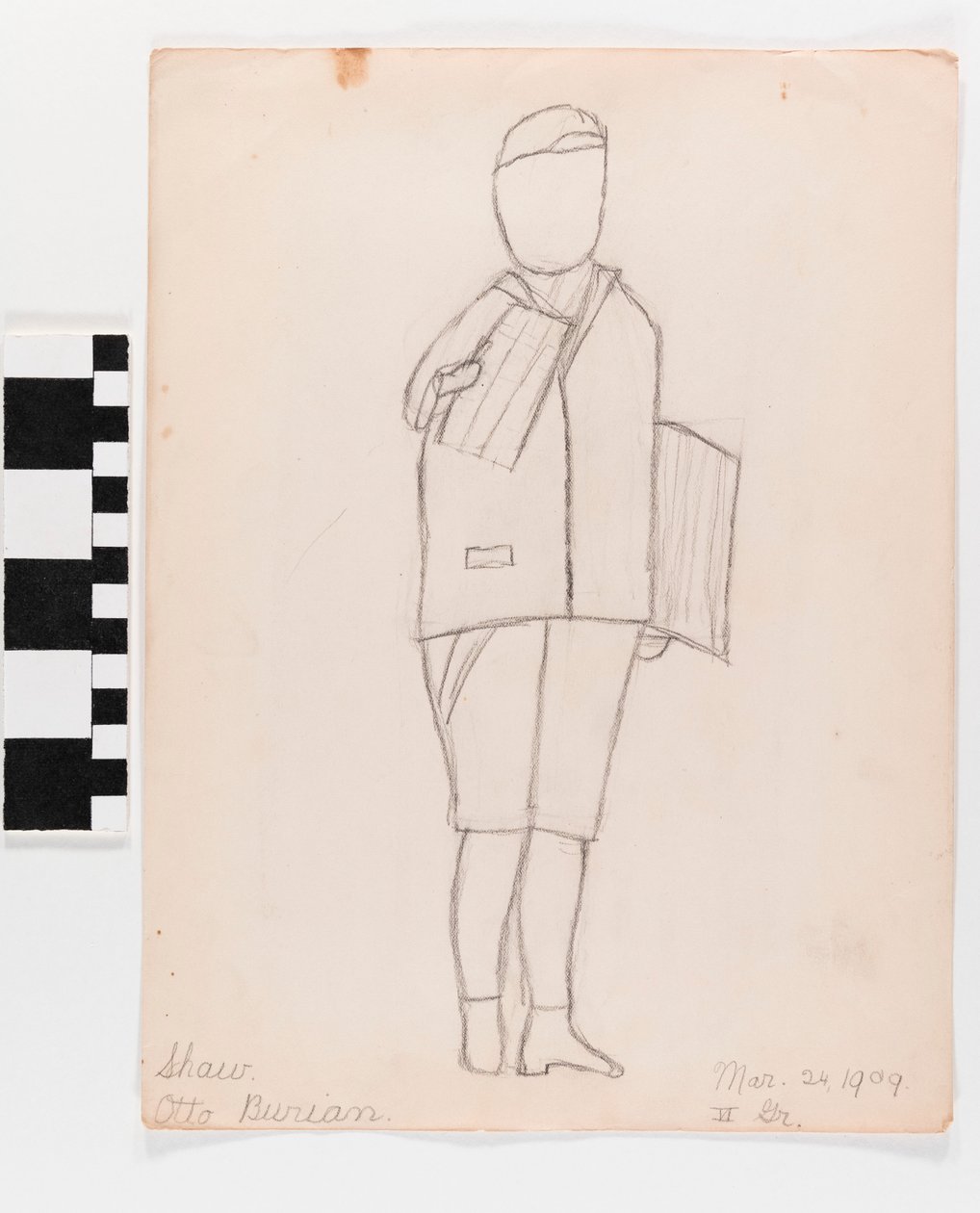 Bleistiftzeichnung auf Papier von einer Person, die Papiere hält von Otto Burian