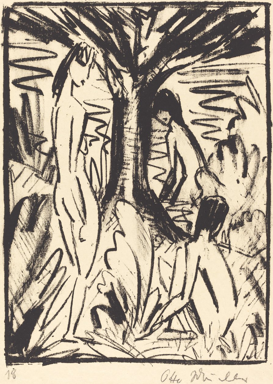Stehende, sitzende und badende Mädchen am Baum von Otto Müller