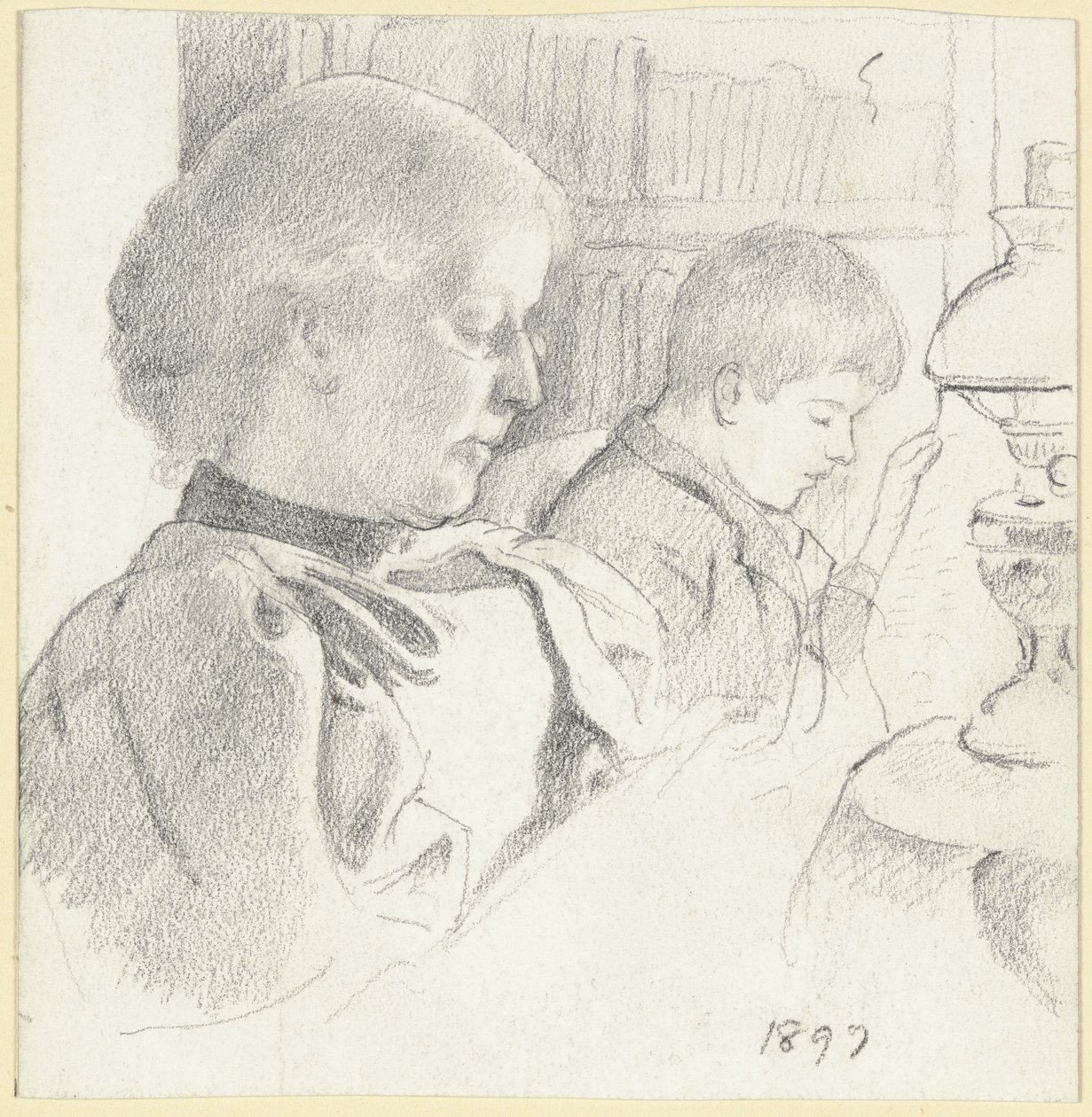 Luise Scholderer und Victor beim Lesen von Otto Scholderer