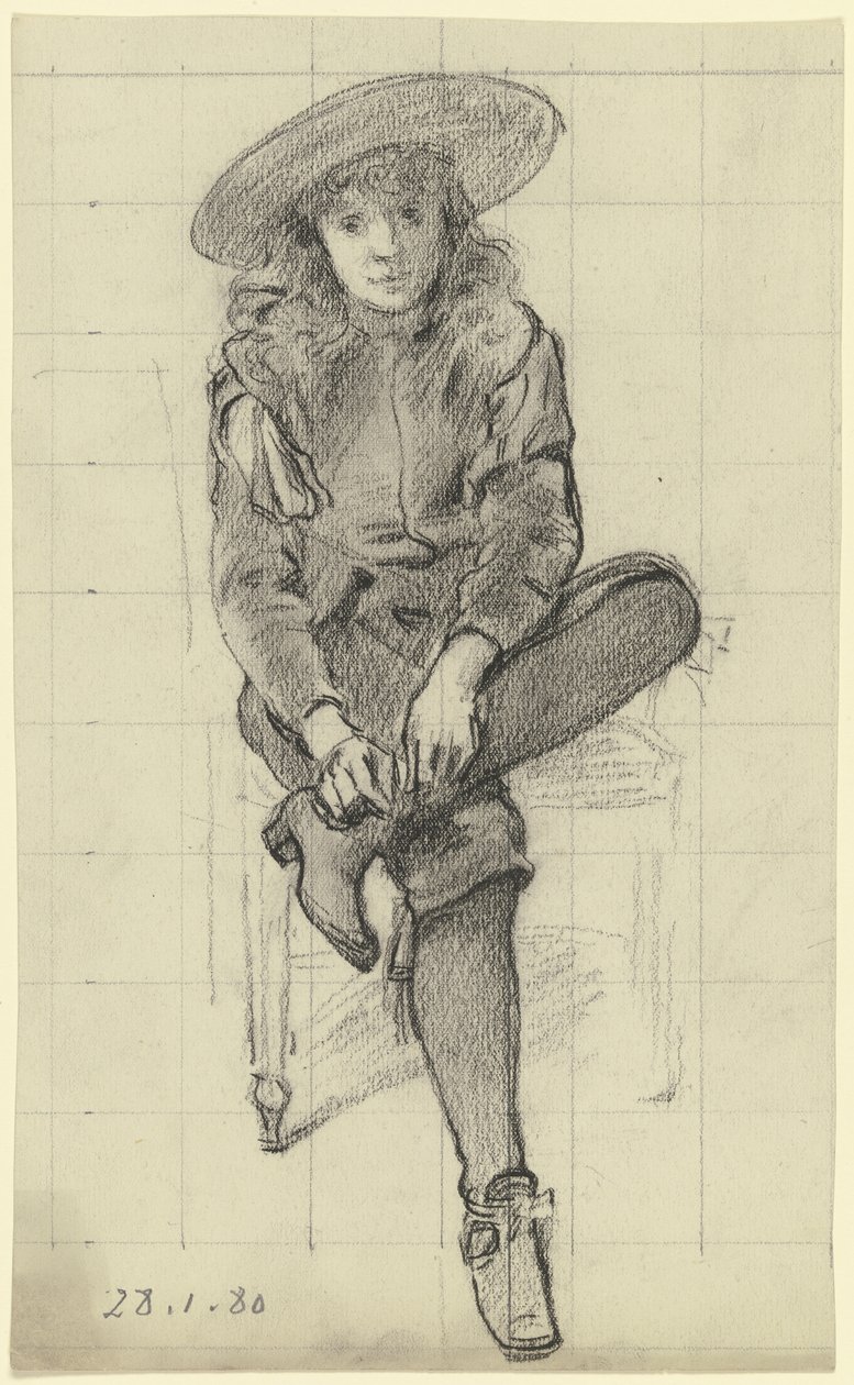 Sitzender Knabe in historischer Tracht aus der "Vorbereitung zum Kostümball" von Otto Scholderer